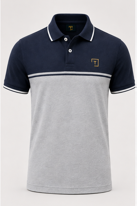 Tailmont Navy Grey Color Block Polo T-Shirt